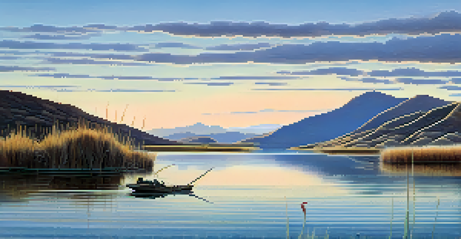 A Titicaca water frog swimming in Lake Titicaca at dawn, surrounded by calm waters and hills.