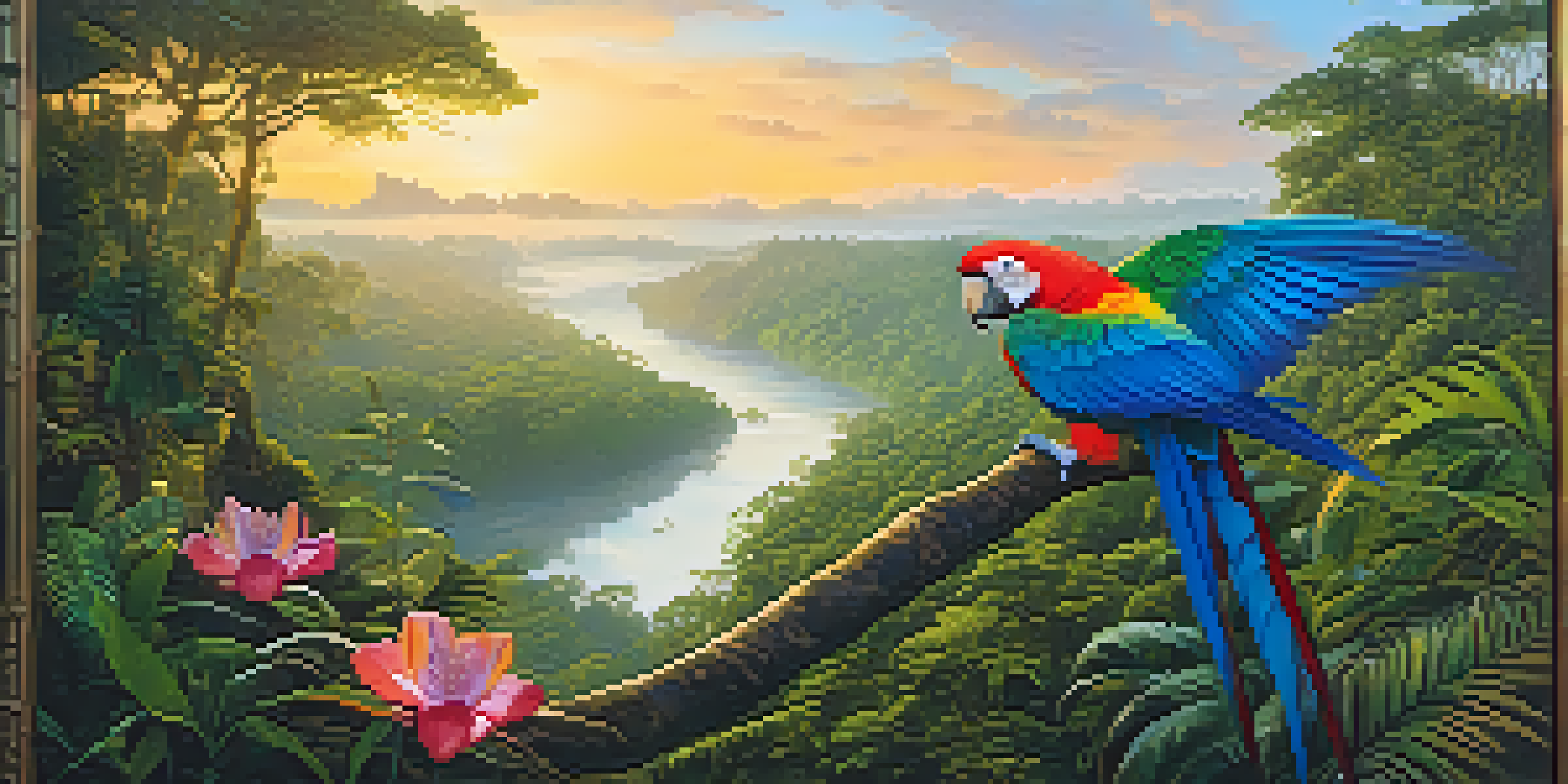 A peaceful Amazon Rainforest at sunrise with mist, a parrot on a branch, and a river.