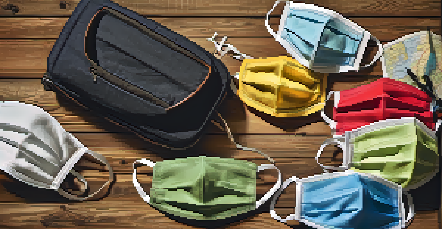 A variety of face masks in different colors arranged on a wooden table with travel essentials in the background.