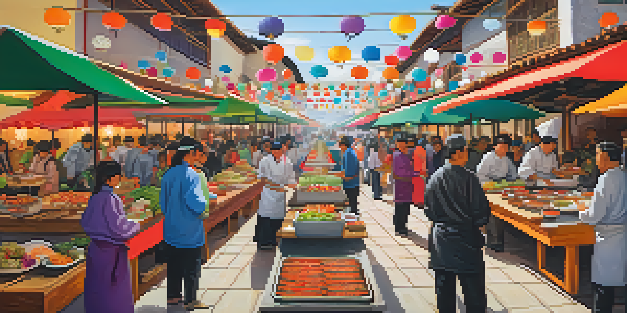 A lively Nikkei culinary festival in Peru with food stalls, chefs preparing sushi and ceviche, and colorful decorations blending Japanese and Peruvian cultures.