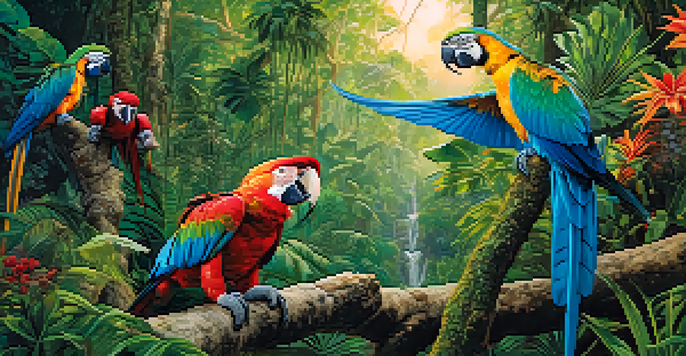 A lush Amazon rainforest filled with colorful macaws, a resting jaguar, and a sloth, with sunlight filtering through the trees.