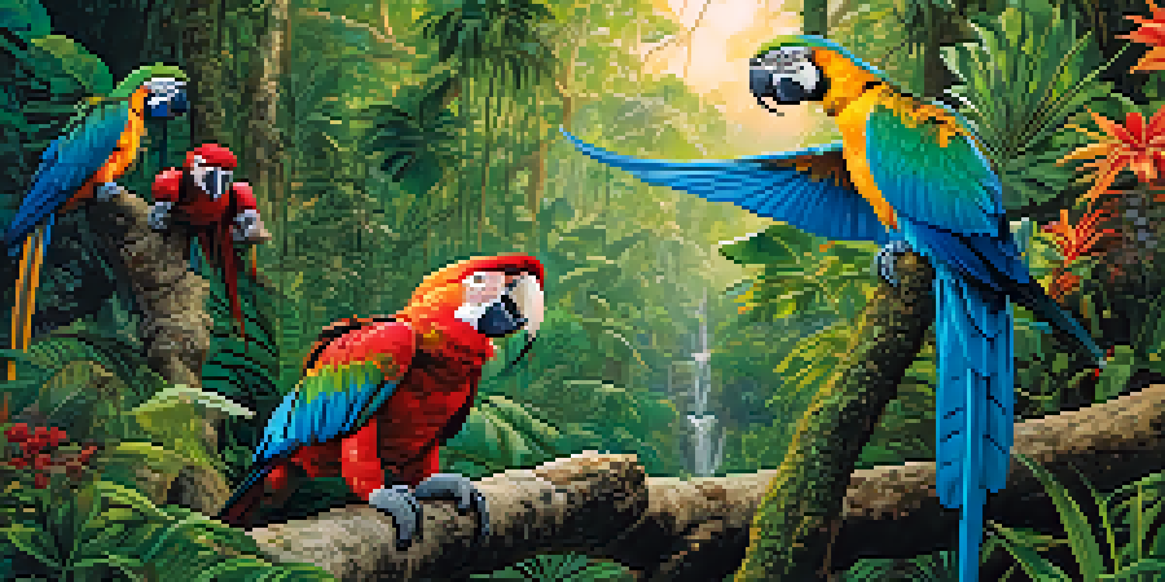 A lush Amazon rainforest filled with colorful macaws, a resting jaguar, and a sloth, with sunlight filtering through the trees.