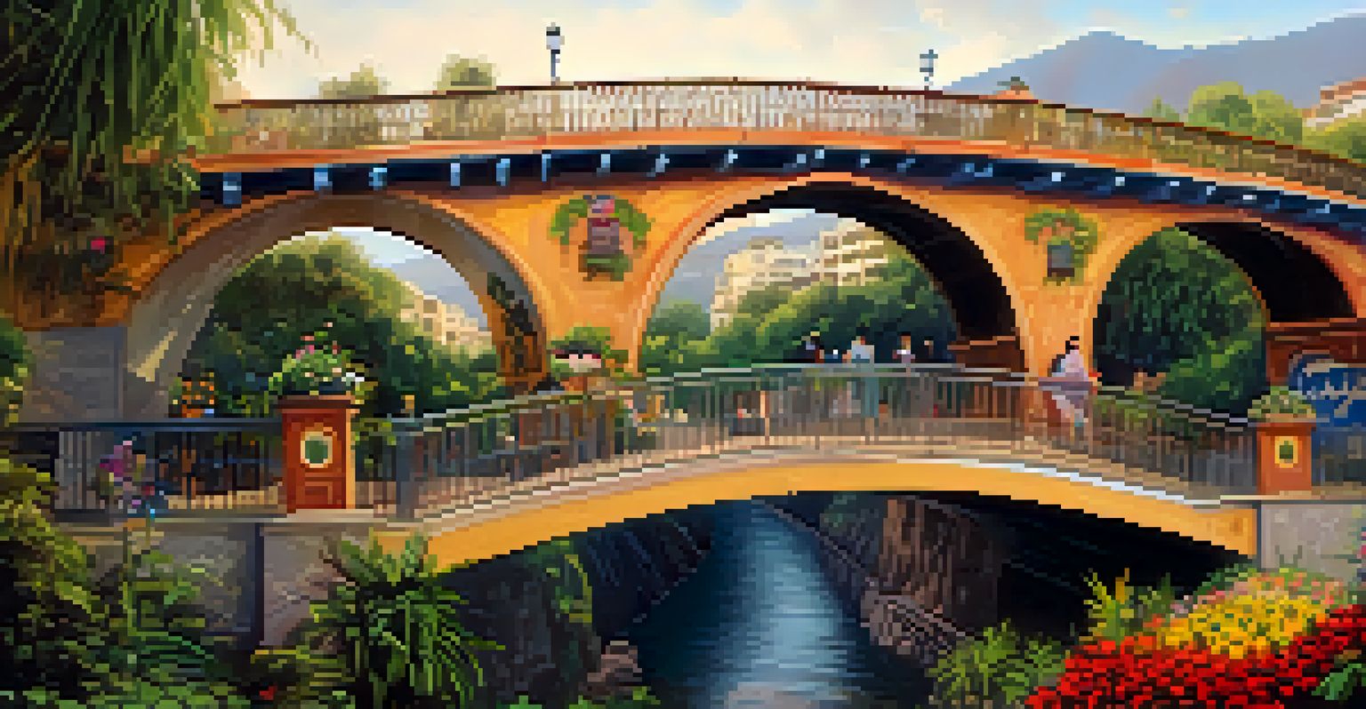 The iconic Puente de los Suspiros in Barranco, surrounded by colorful murals and greenery, creating a romantic atmosphere.