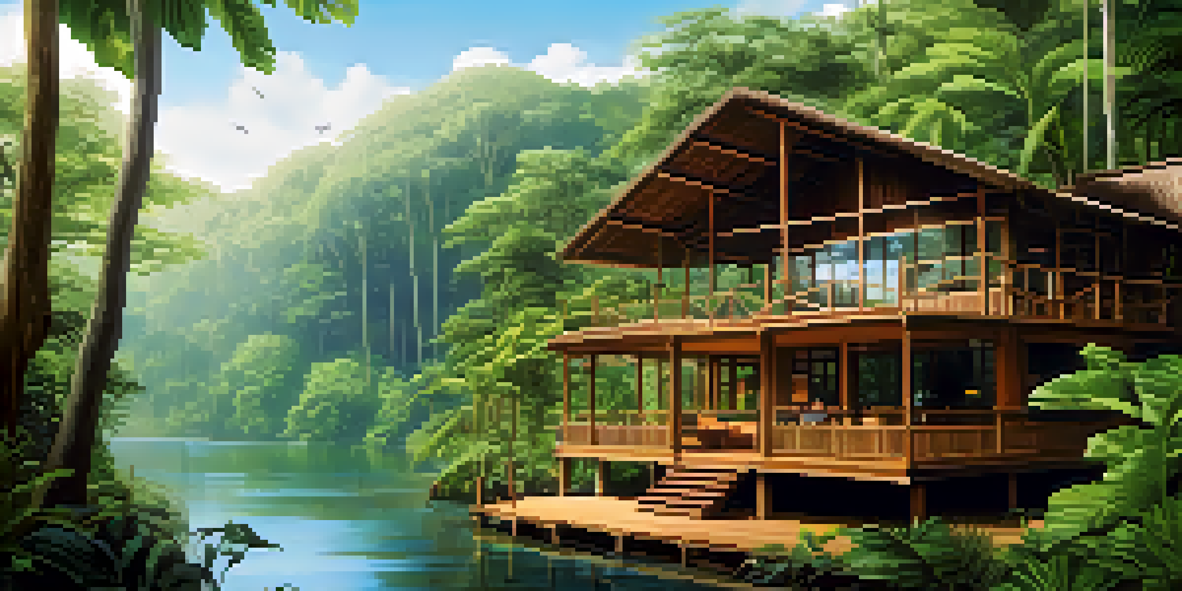 A peaceful eco-lodge in the Amazon rainforest, surrounded by greenery and featuring a river view.