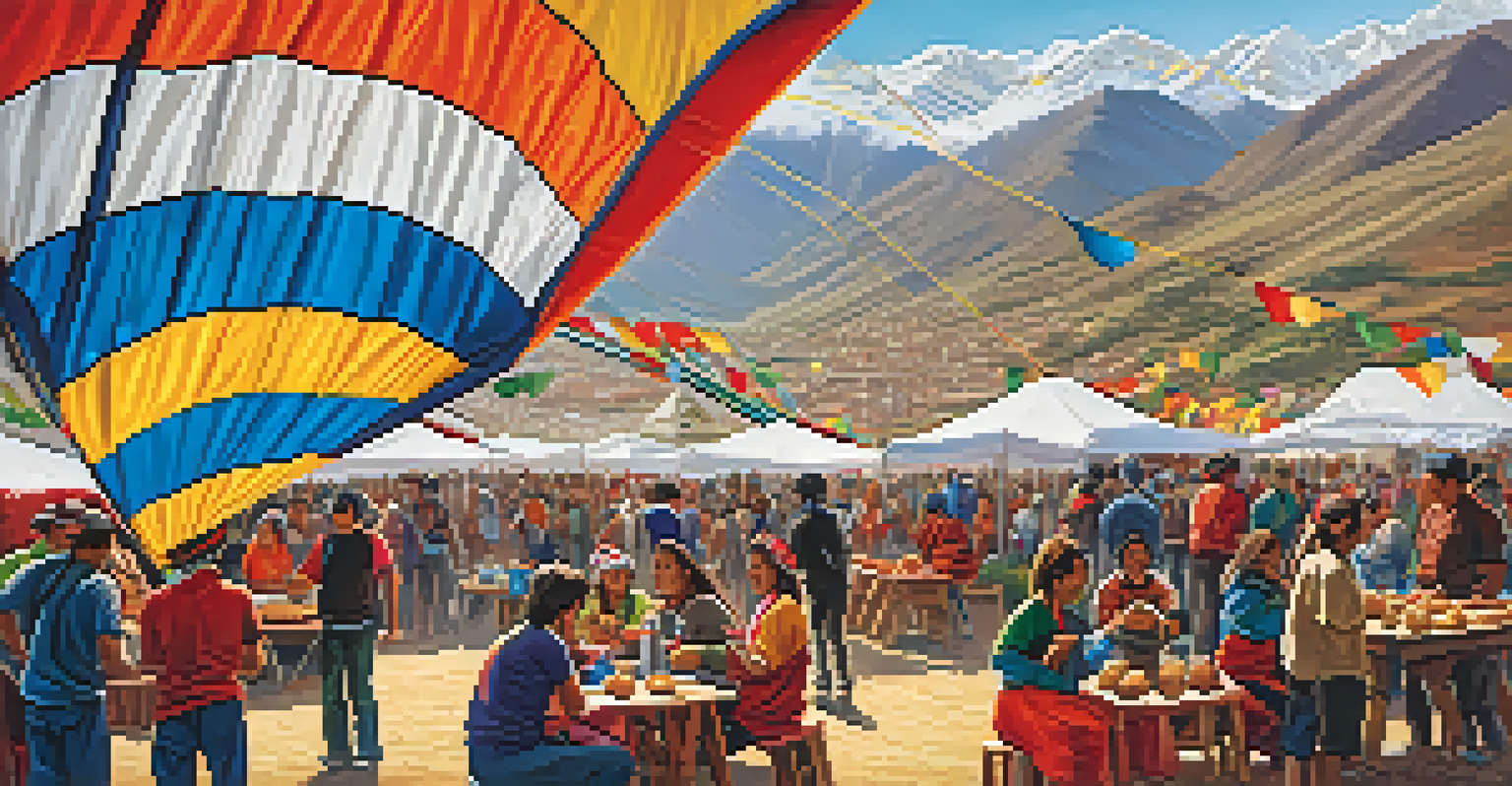 Participants at the Adventure Sports Festival in Cusco, engaging in rock climbing and paragliding, with musicians and food stalls in the background.