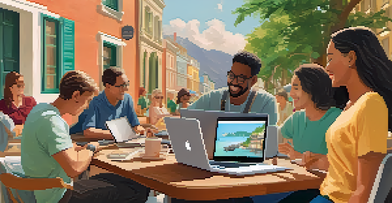 A vibrant online discussion among diverse individuals sharing travel experiences, with laptops and travel guides visible.