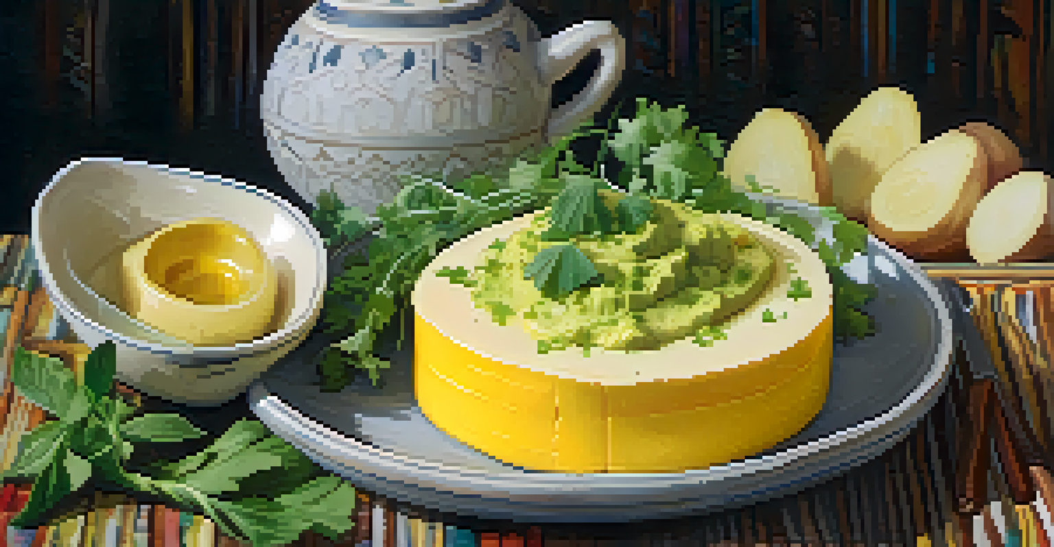 A close-up view of a plated causa dish, showcasing vibrant layers of yellow potatoes and avocado on a rustic wooden table.
