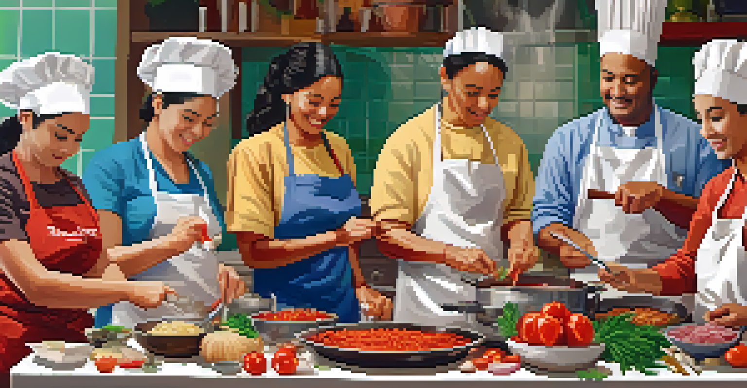 Participants in a cooking class preparing lomo saltado with guidance from a chef in a bright kitchen.