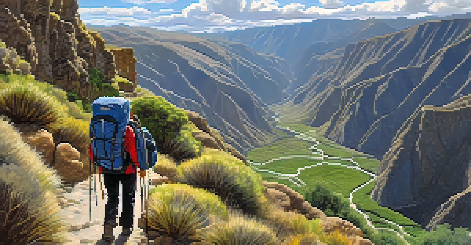 A hiker trekking along a trail in Colca Canyon, surrounded by lush vegetation and rocky cliffs, with sunlight filtering through the clouds.