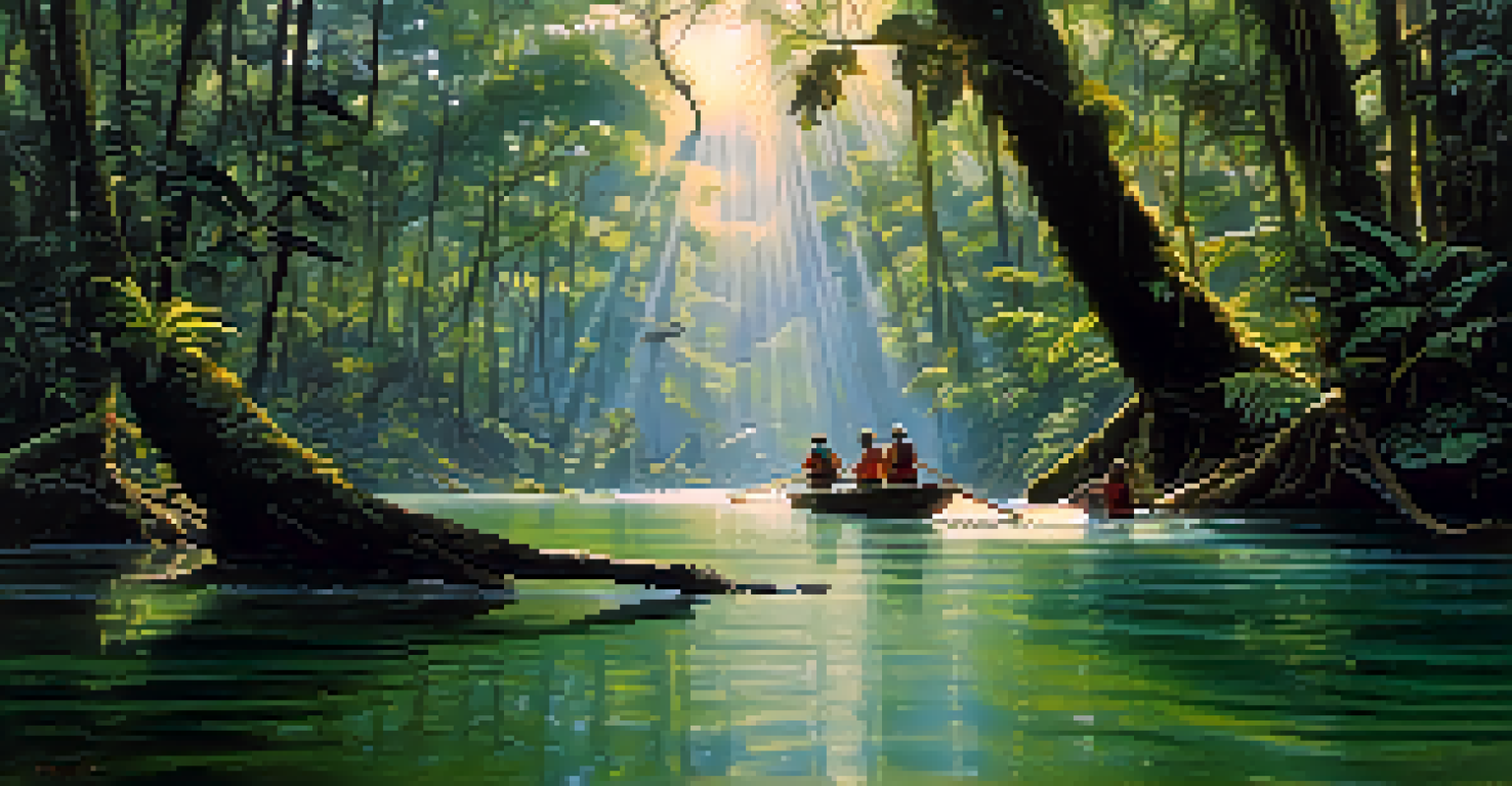 A group of adventure racers crossing a river in a dense Amazon rainforest surrounded by lush trees and exotic birds.