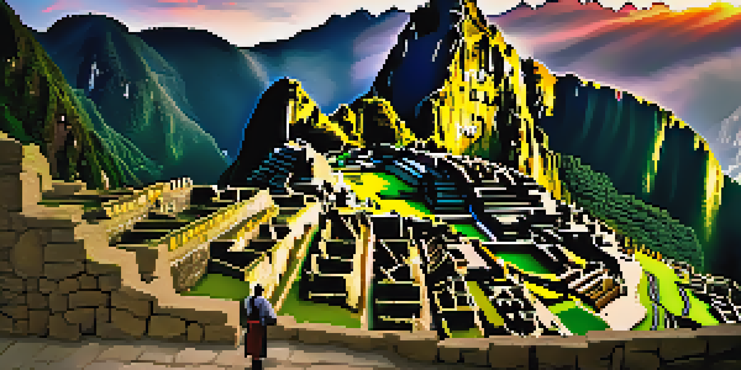 A traveler looking at Machu Picchu at sunrise, with misty mountains and golden light illuminating the ancient ruins.