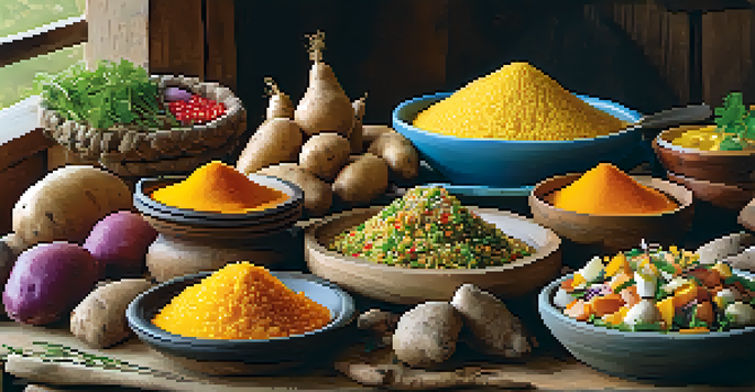 A colorful display of traditional Peruvian dishes including quinoa salad and Aji Amarillo sauce, set on a rustic wooden table under warm light.