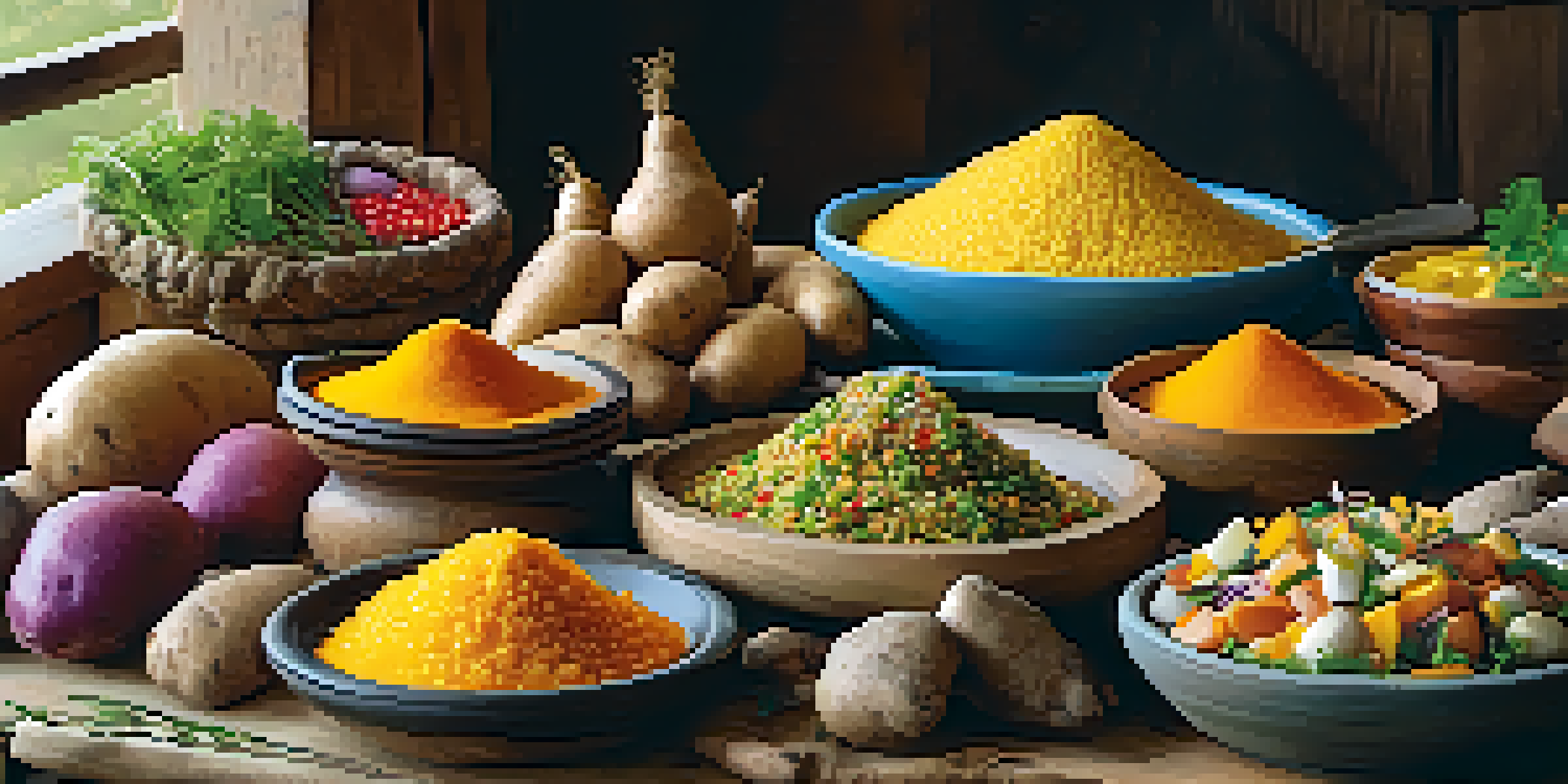 A colorful display of traditional Peruvian dishes including quinoa salad and Aji Amarillo sauce, set on a rustic wooden table under warm light.