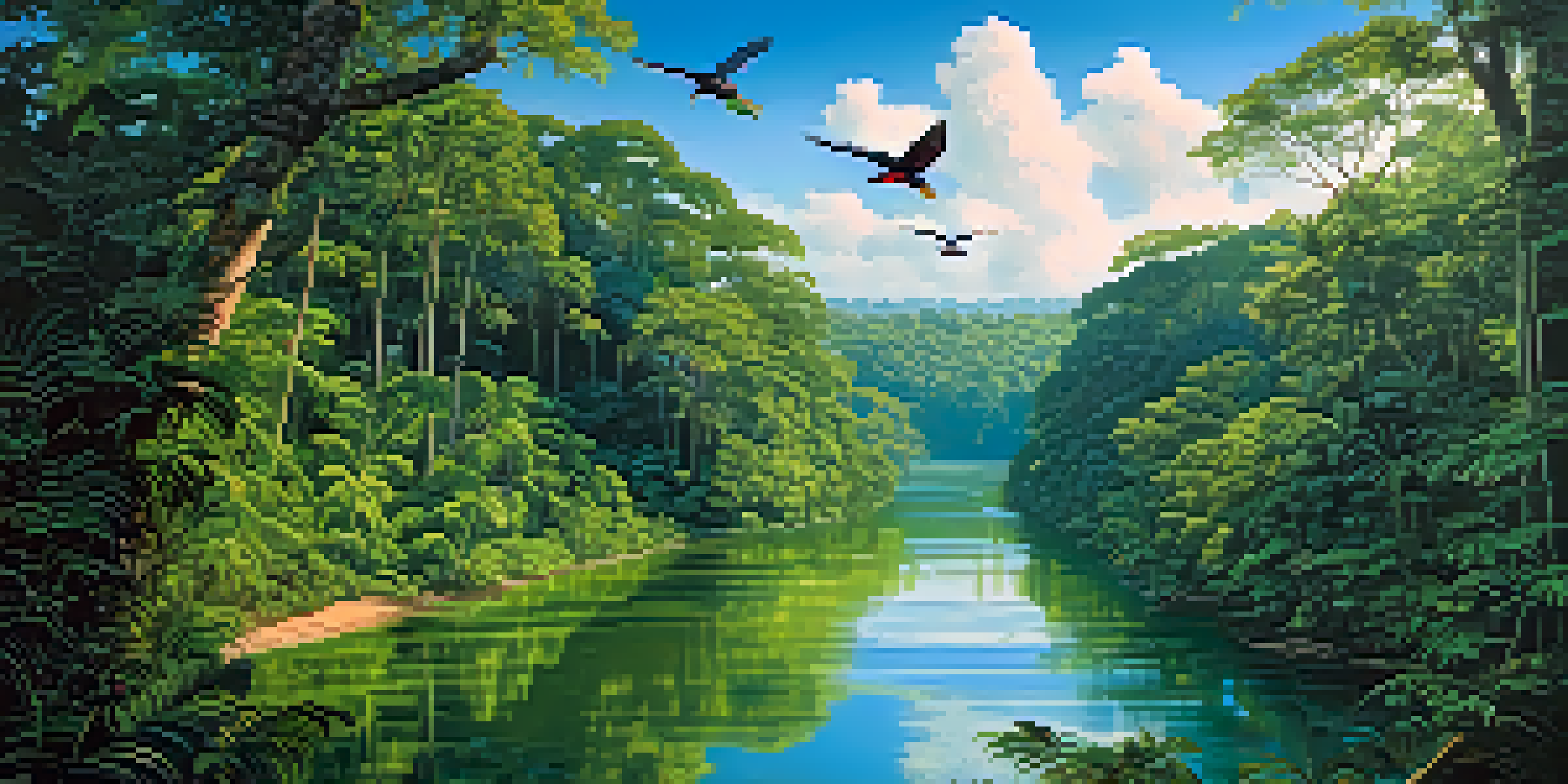A vibrant Amazon rainforest landscape with a winding river, colorful birds, and sunlight filtering through the trees.