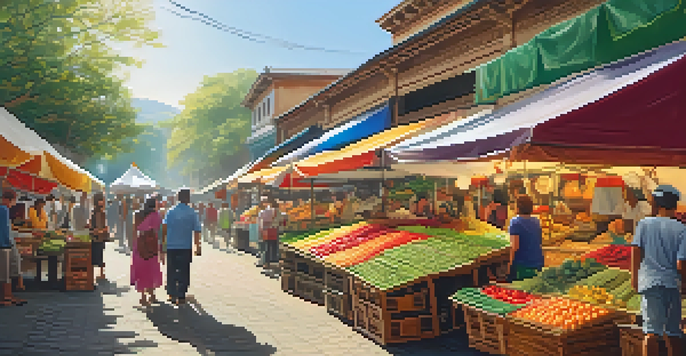 A lively local market filled with various people, showcasing colorful crafts and fresh produce under a sunny canopy.