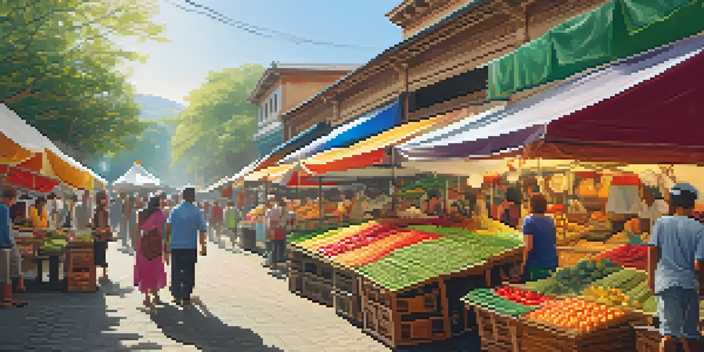 A lively local market filled with various people, showcasing colorful crafts and fresh produce under a sunny canopy.