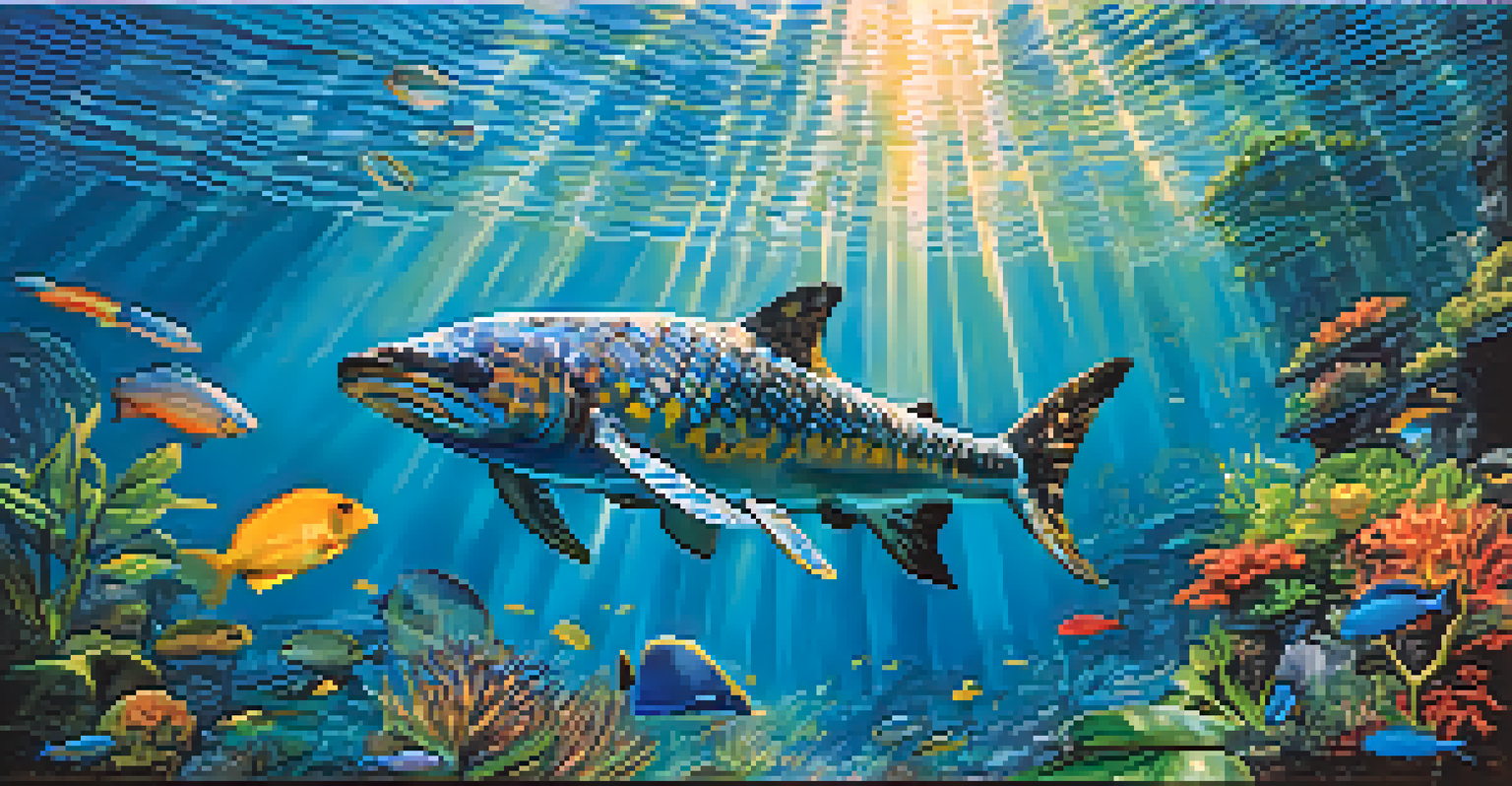 Sirena swimming in the clear waters of the Amazon River, surrounded by colorful fish and aquatic plants.