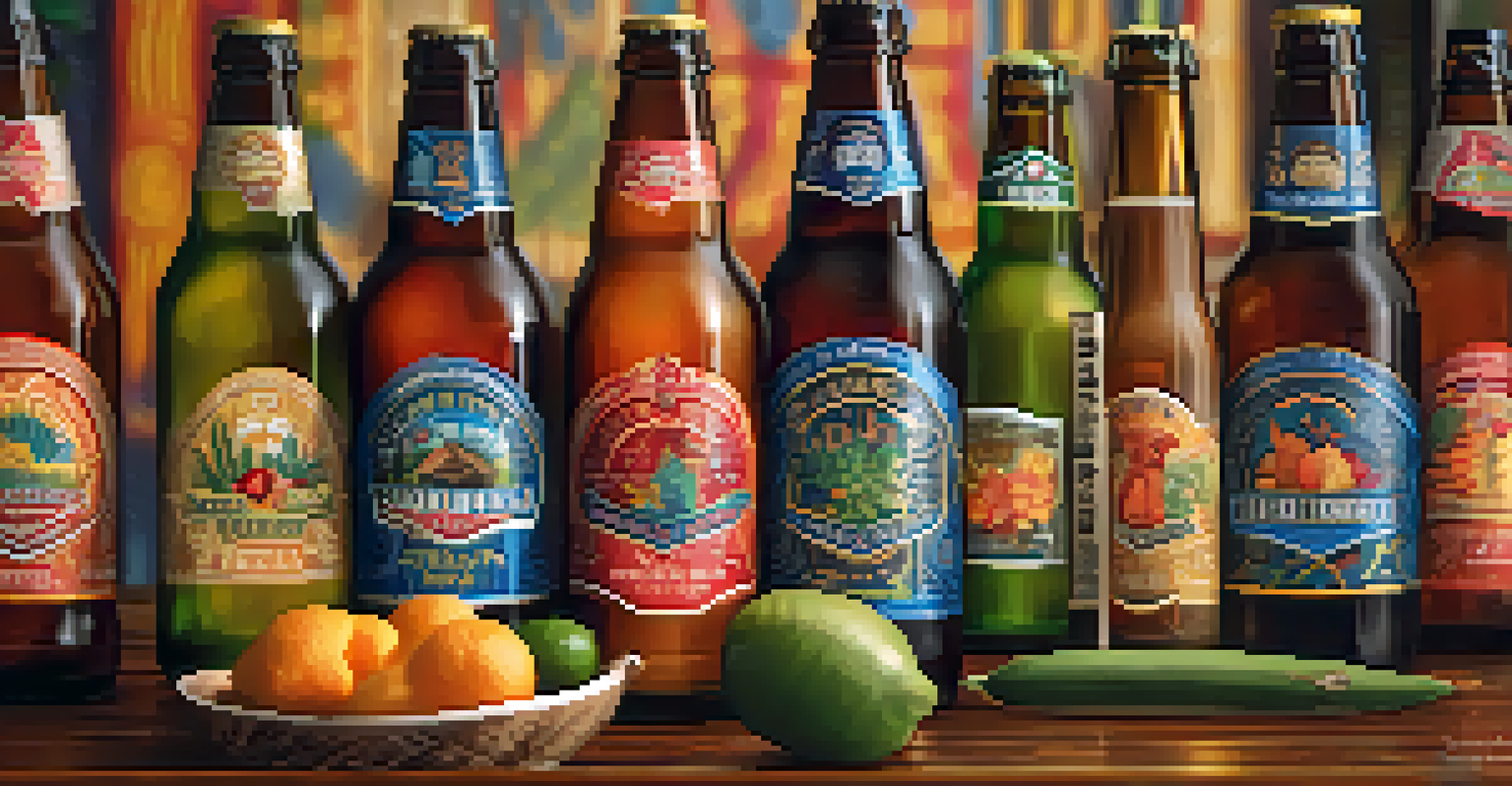 A close-up of a craft beer bottle with a culturally inspired label, surrounded by tropical fruits and grains on a wooden table.