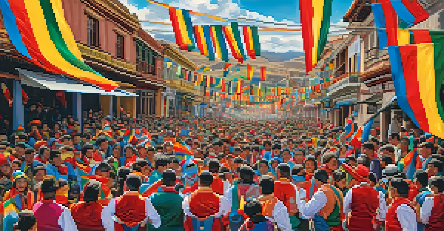 An aerial view of Puno's streets filled with dancers in colorful costumes during La Fiesta de la Virgen de la Candelaria.