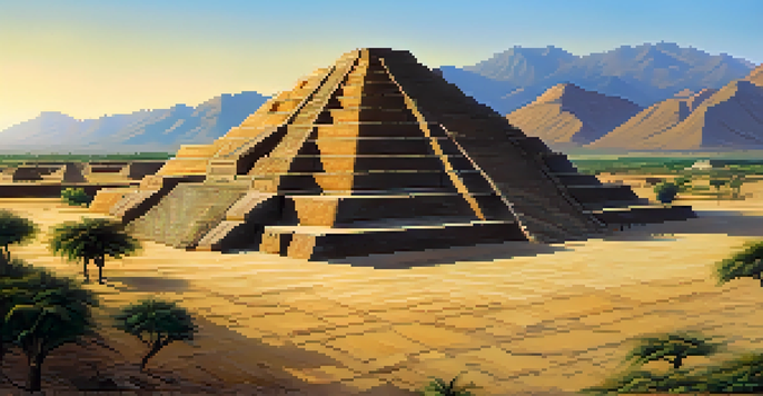 A wide view of the ancient city of Caral with its pyramid and surrounding desert landscape under a bright sky.