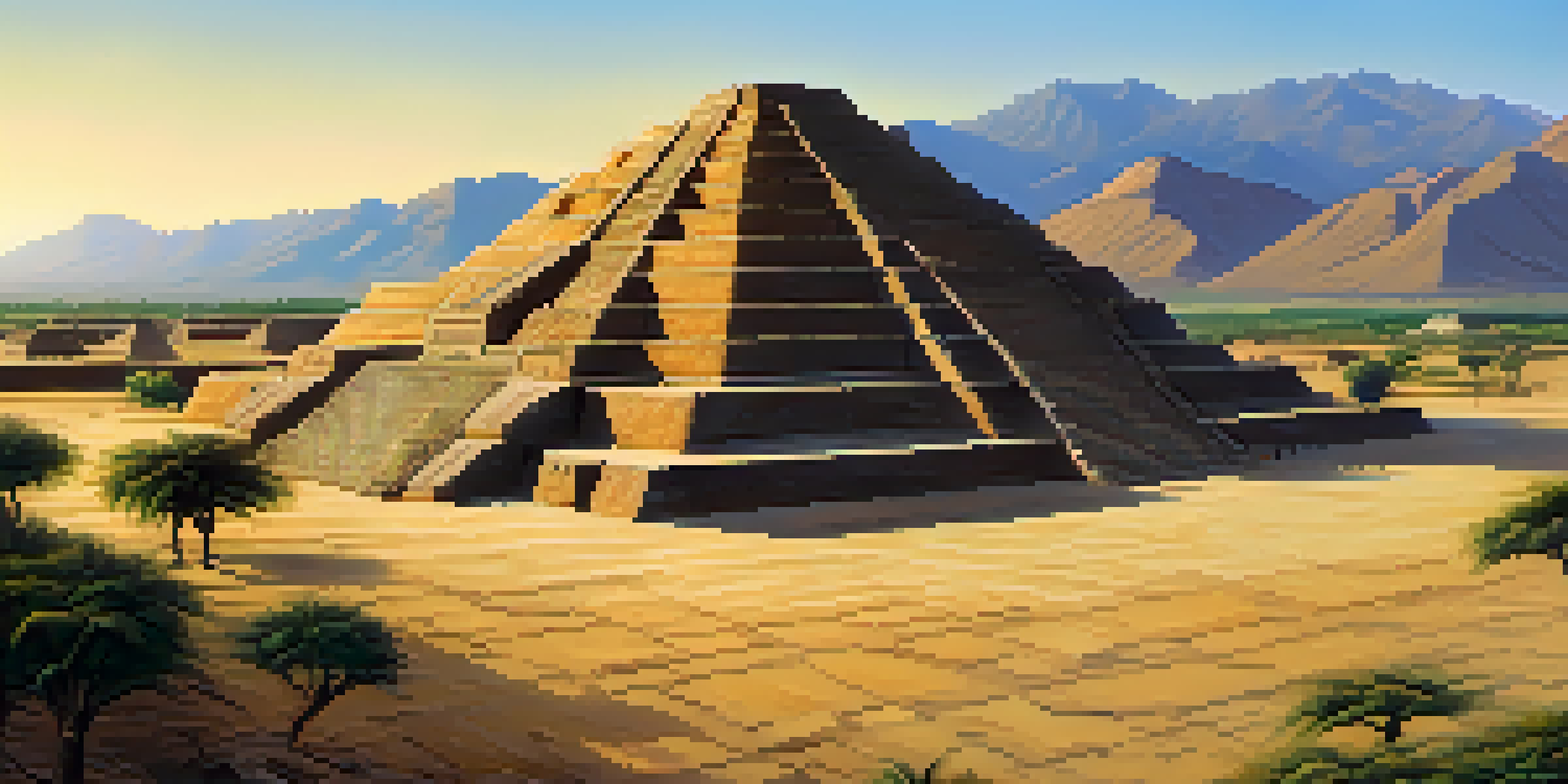 A wide view of the ancient city of Caral with its pyramid and surrounding desert landscape under a bright sky.
