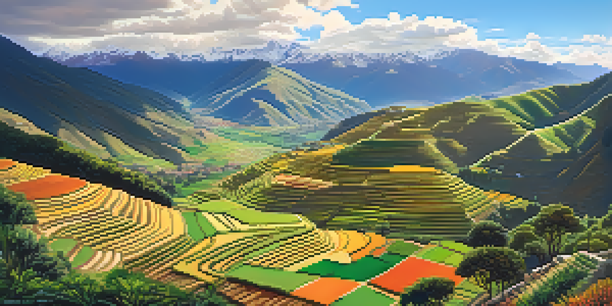 A wide view of the Sacred Valley in Peru, featuring green terraces, Andean villages, and mountains under a clear sky.