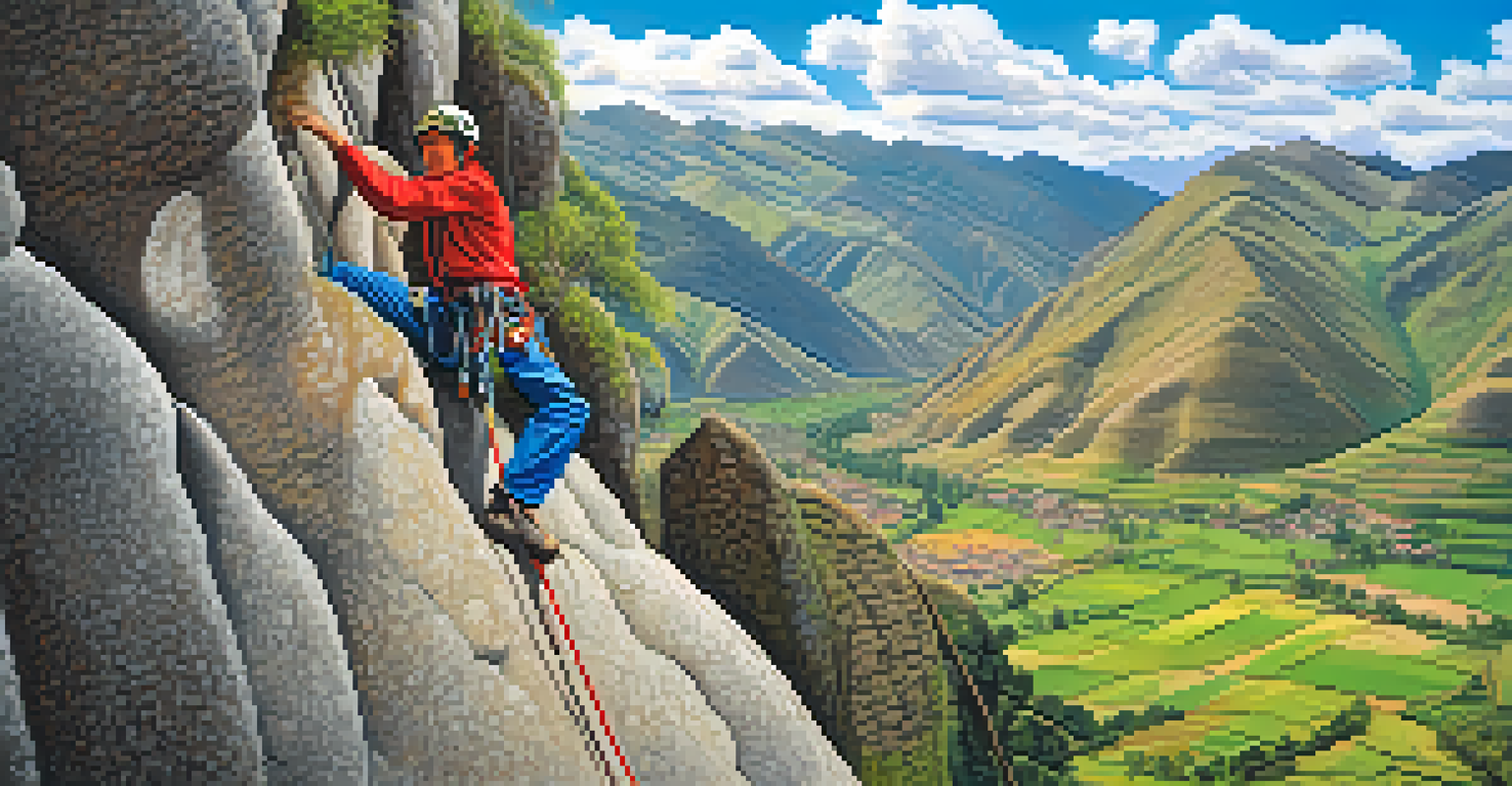 A climber on a rock formation in the Sacred Valley of Peru, with green valley and traditional homes visible below, under a blue sky.