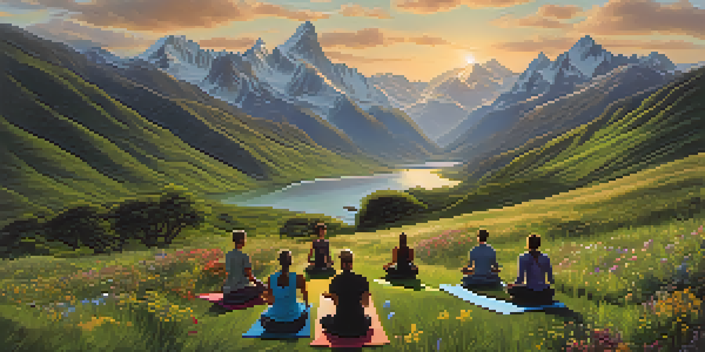 A picturesque view of the Andes mountains at sunrise, featuring a green valley with wildflowers and a yoga group in the foreground.