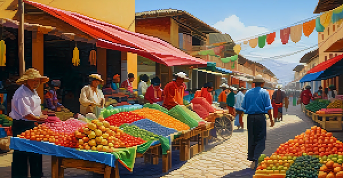 A lively Peruvian market showcasing colorful textiles and fresh fruits under warm afternoon sunlight.
