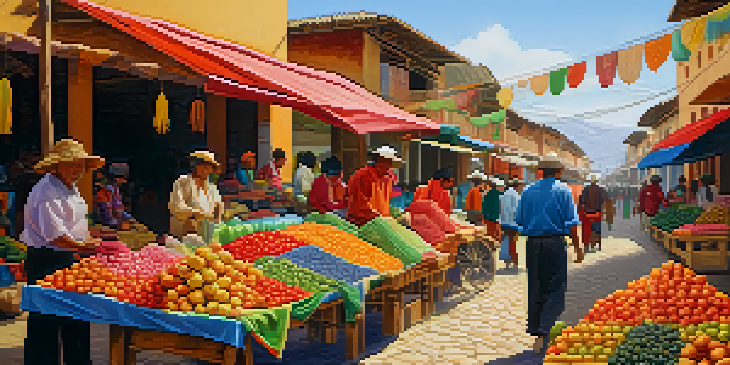 A lively Peruvian market showcasing colorful textiles and fresh fruits under warm afternoon sunlight.