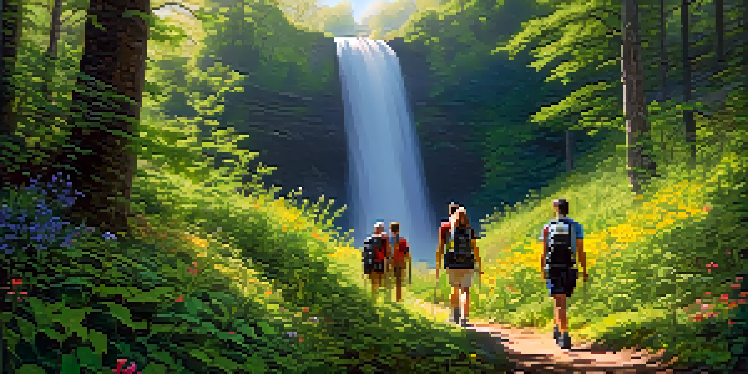 A group of travelers hiking in a lush green forest with sunlight filtering through the leaves and a distant waterfall.