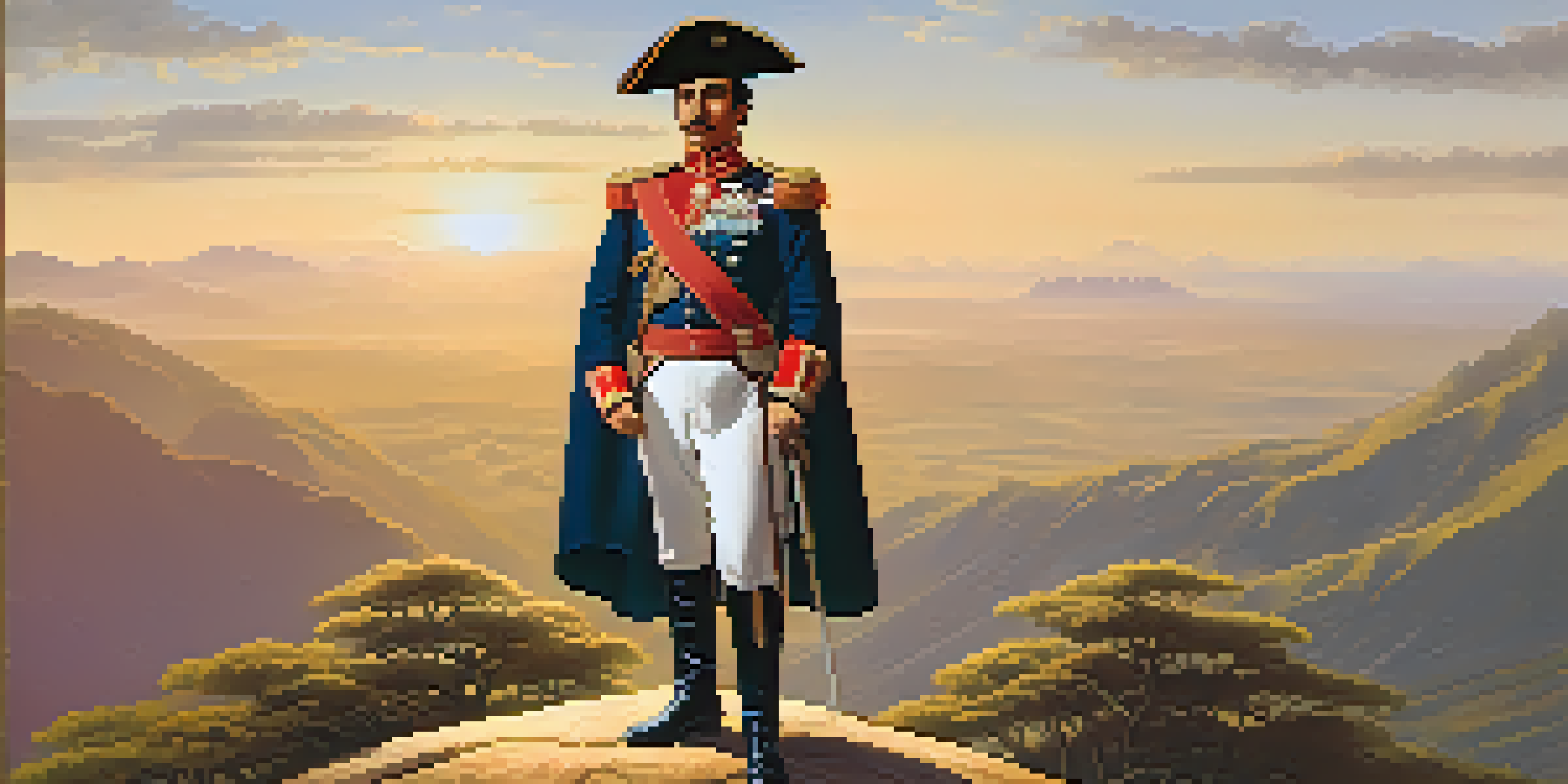 A determined Simón Bolívar in military uniform stands on a hilltop with a sunset landscape behind him.