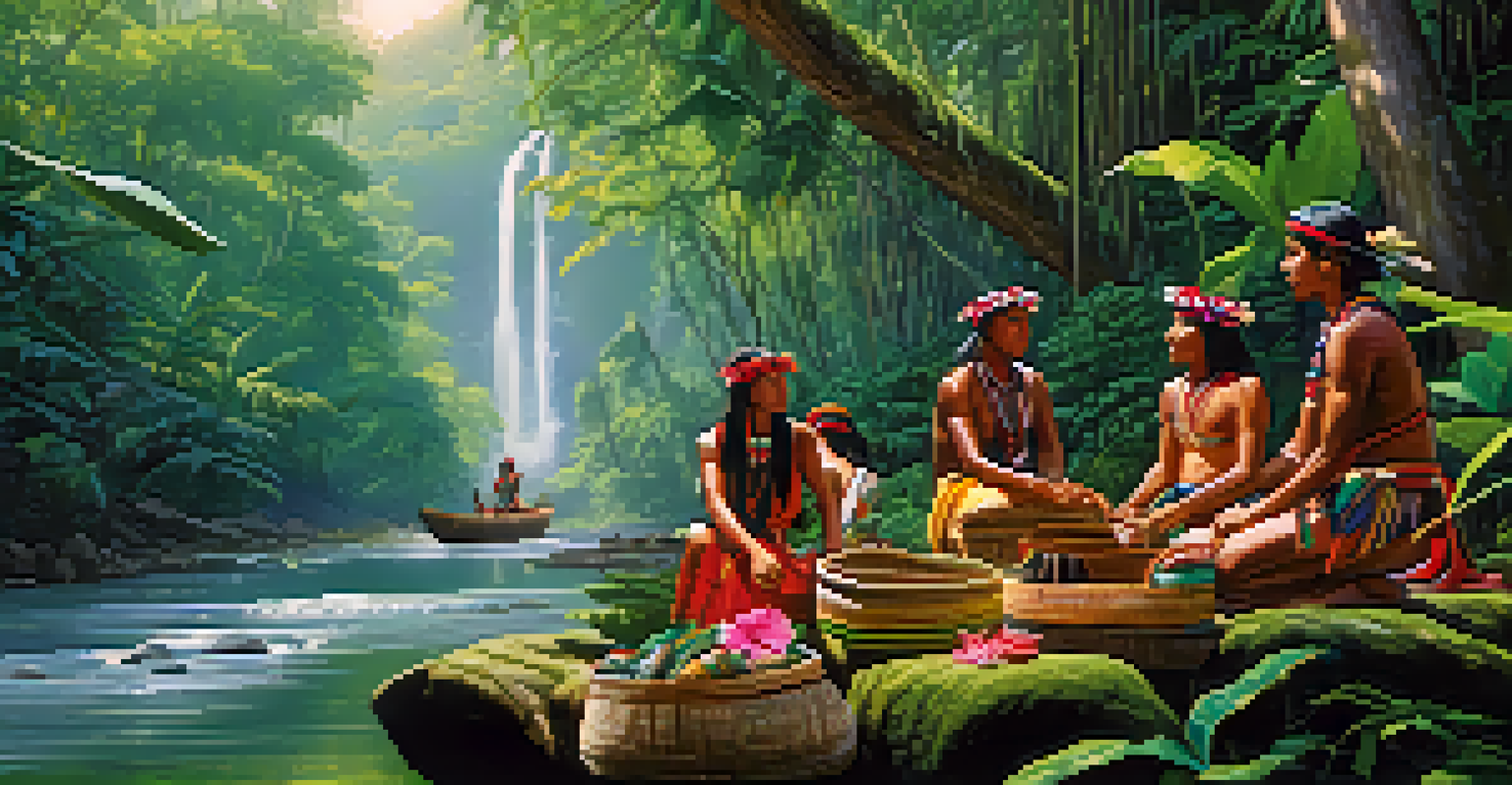 Indigenous Ashaninka people crafting woven baskets in the Amazon rainforest, surrounded by lush greenery and a flowing river.