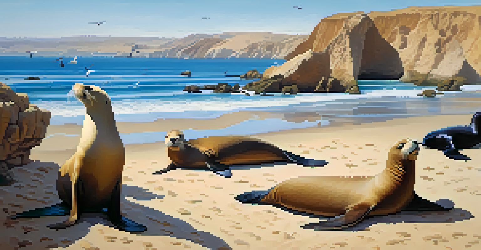 A coastal view at Paracas National Reserve, featuring cliffs, sea lions on rocks, and birds in a sunny beach setting.