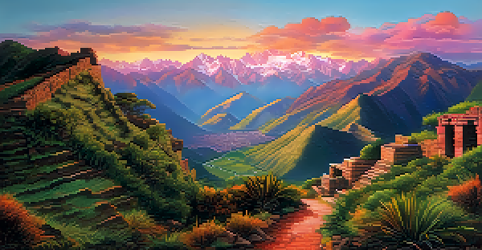 A scenic view of the Andes mountains at sunrise, featuring a winding trail and ancient Incan ruins.