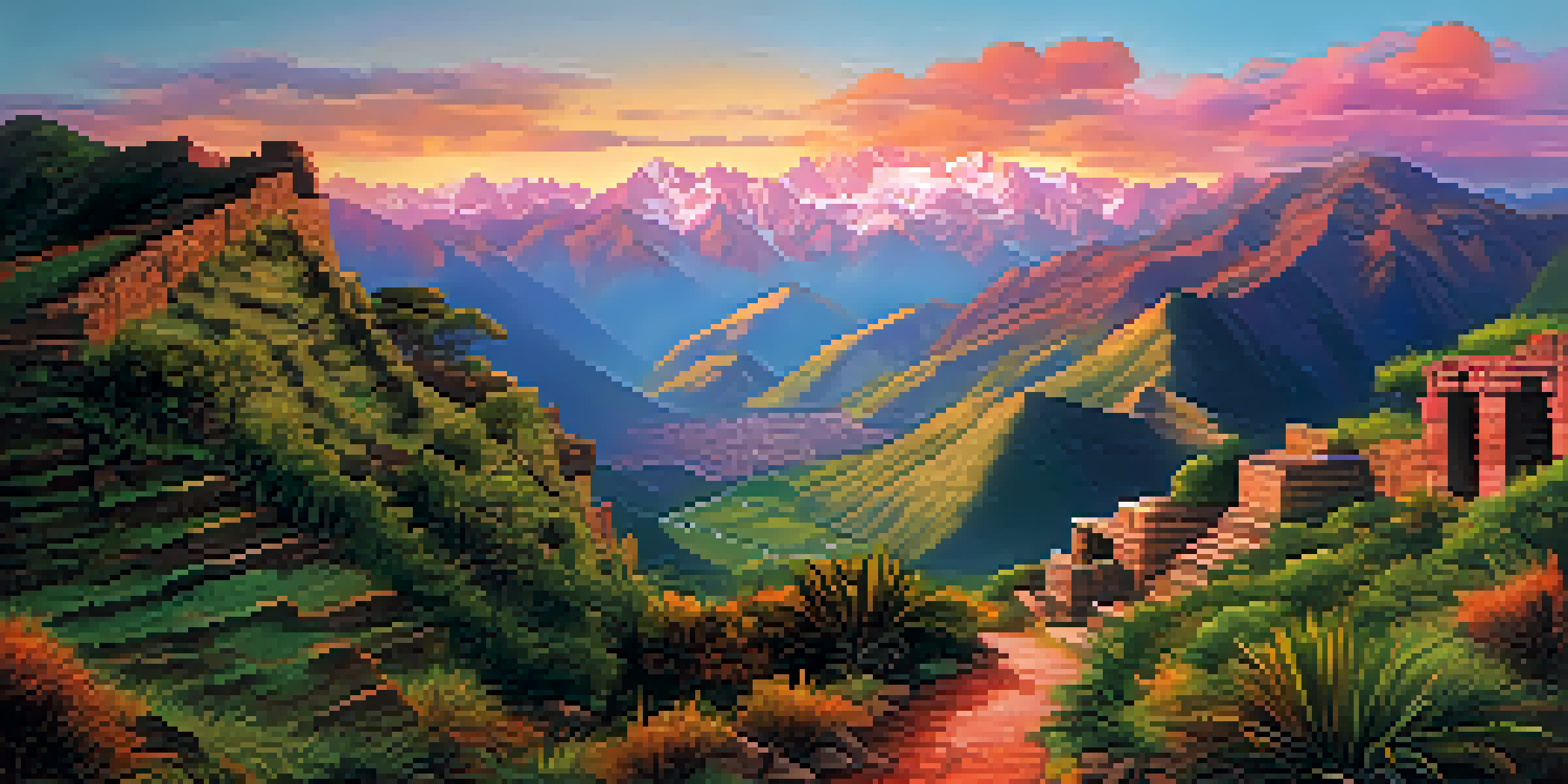 A scenic view of the Andes mountains at sunrise, featuring a winding trail and ancient Incan ruins.