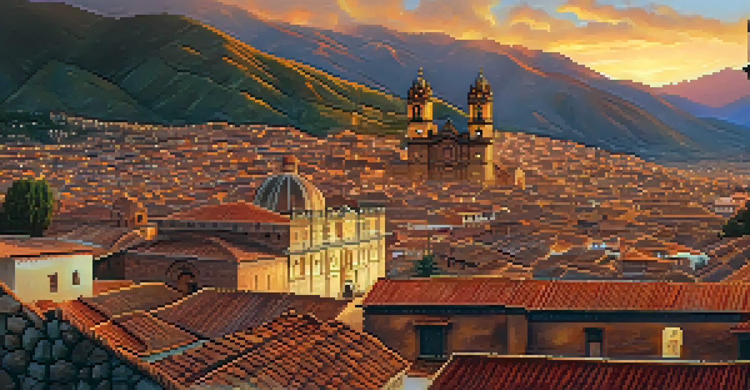 A scenic sunset view of Cusco, highlighting the Coricancha temple with its unique blend of Incan and Spanish architecture.