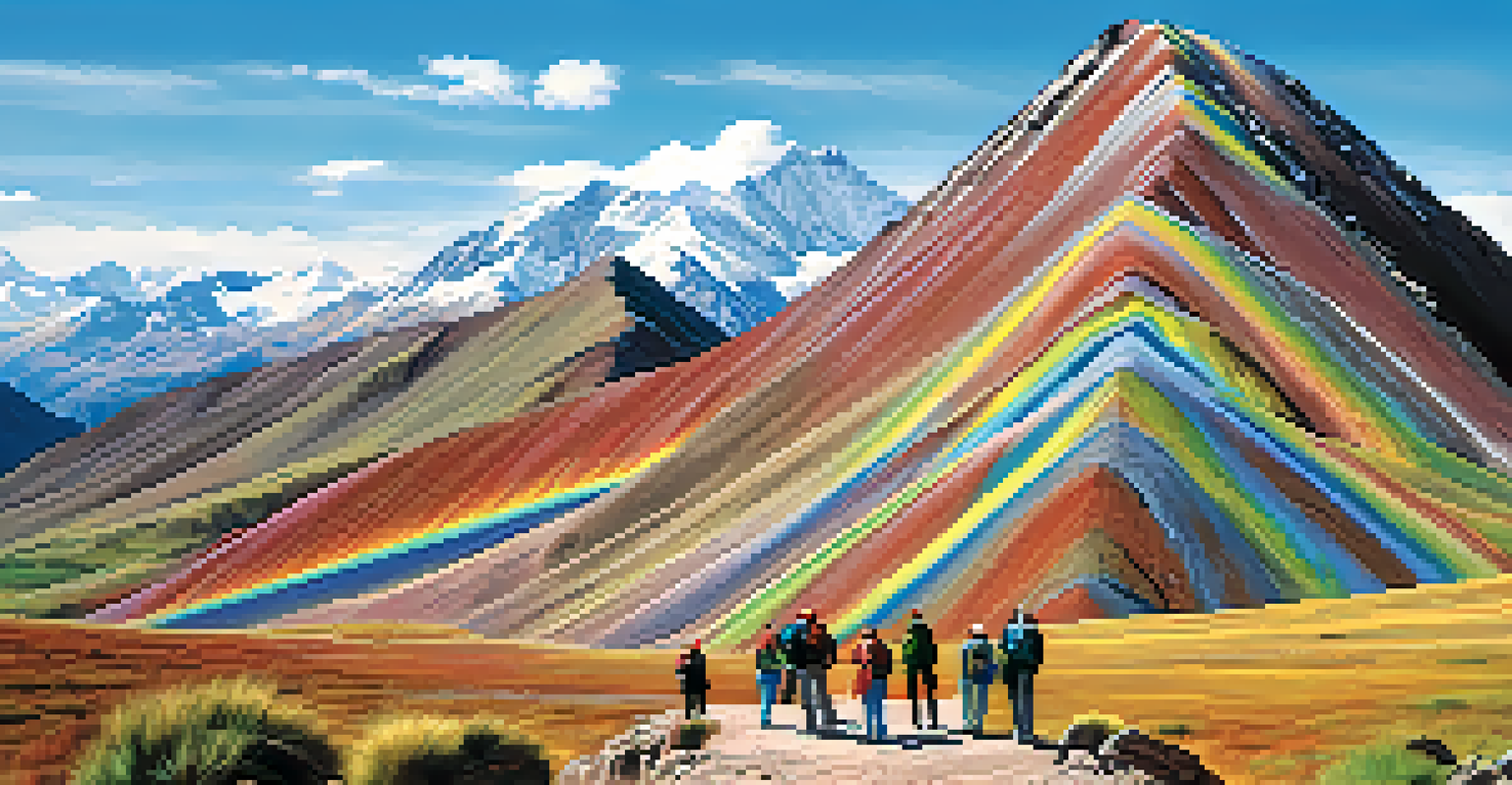 A stunning landscape of Rainbow Mountain in Peru, with hikers in the foreground and vibrant colors of the mountain.