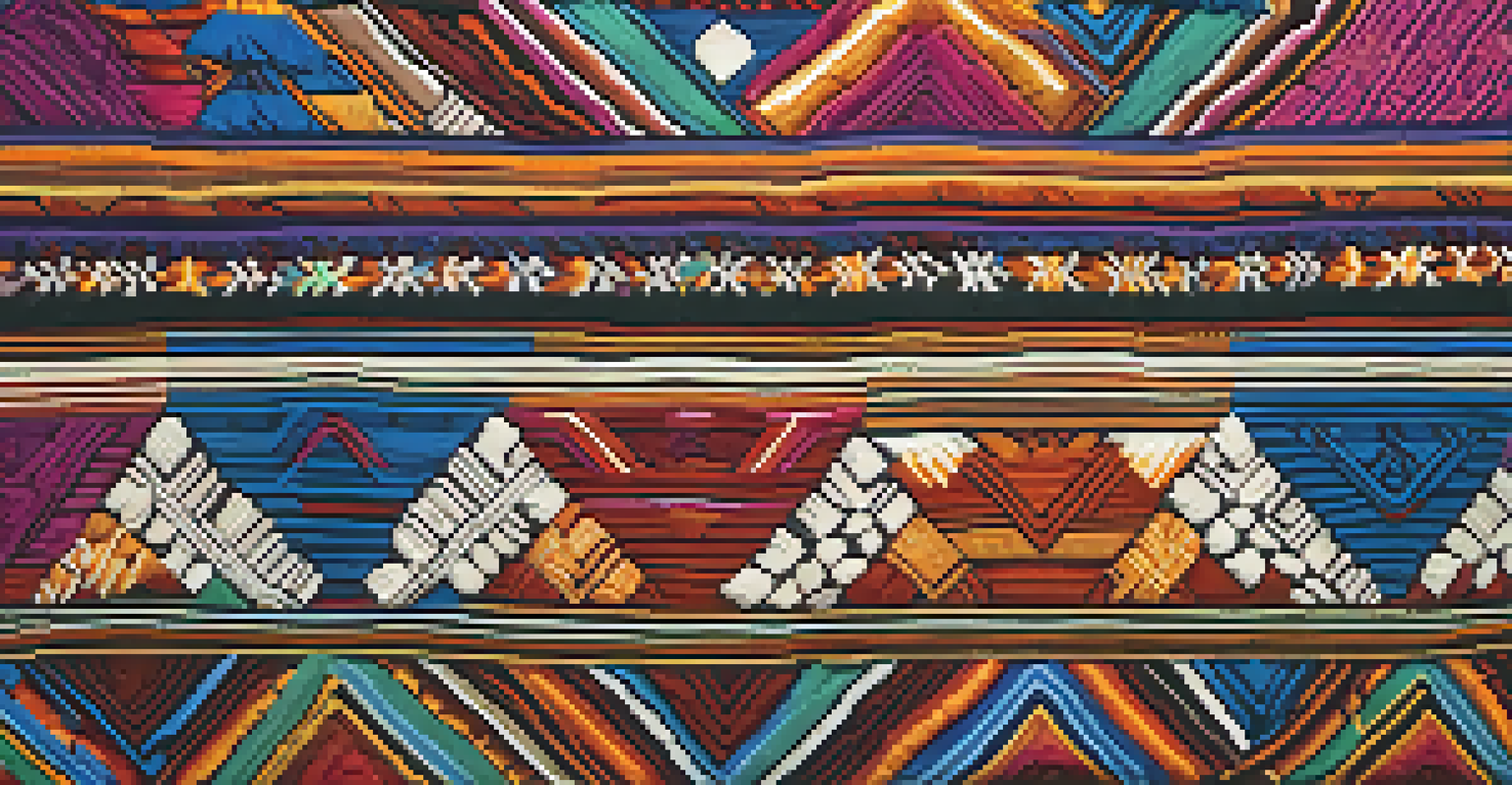 Close-up of a colorful Peruvian textile with intricate patterns and textures, illuminated by natural light.