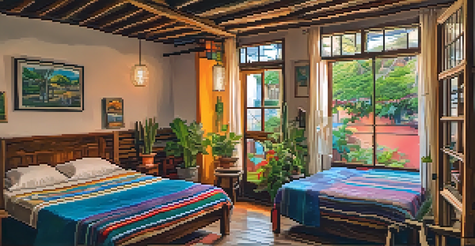 A cozy hostel room decorated with colorful textiles and wooden furniture, with a view of a vibrant street outside.
