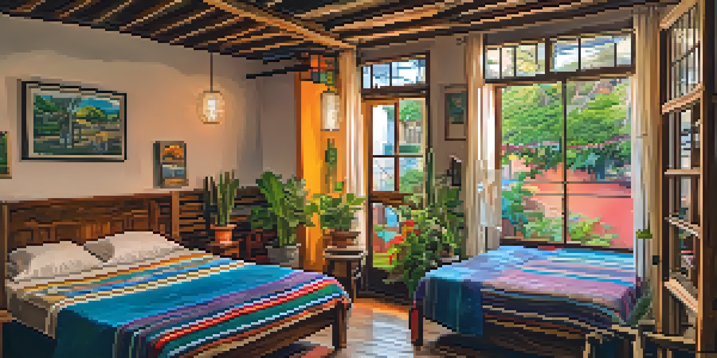 A cozy hostel room decorated with colorful textiles and wooden furniture, with a view of a vibrant street outside.