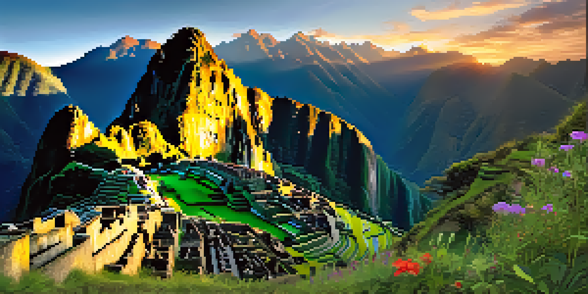 A scenic sunrise view of Machu Picchu, with ancient structures bathed in golden light and surrounded by lush green mountains and wildflowers.