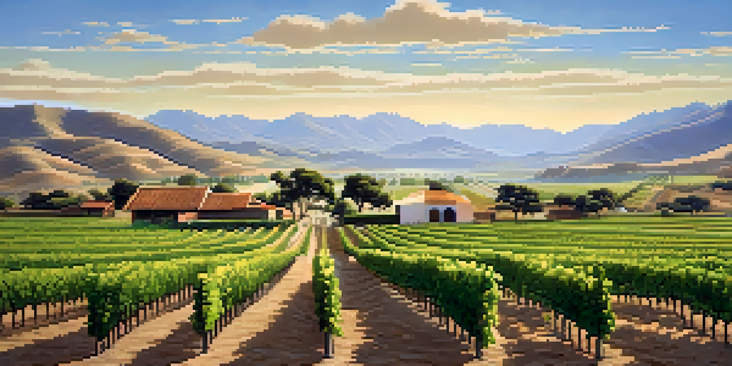A vineyard in Ica, Peru, with green grapevines and a rustic wooden sign under a clear blue sky.