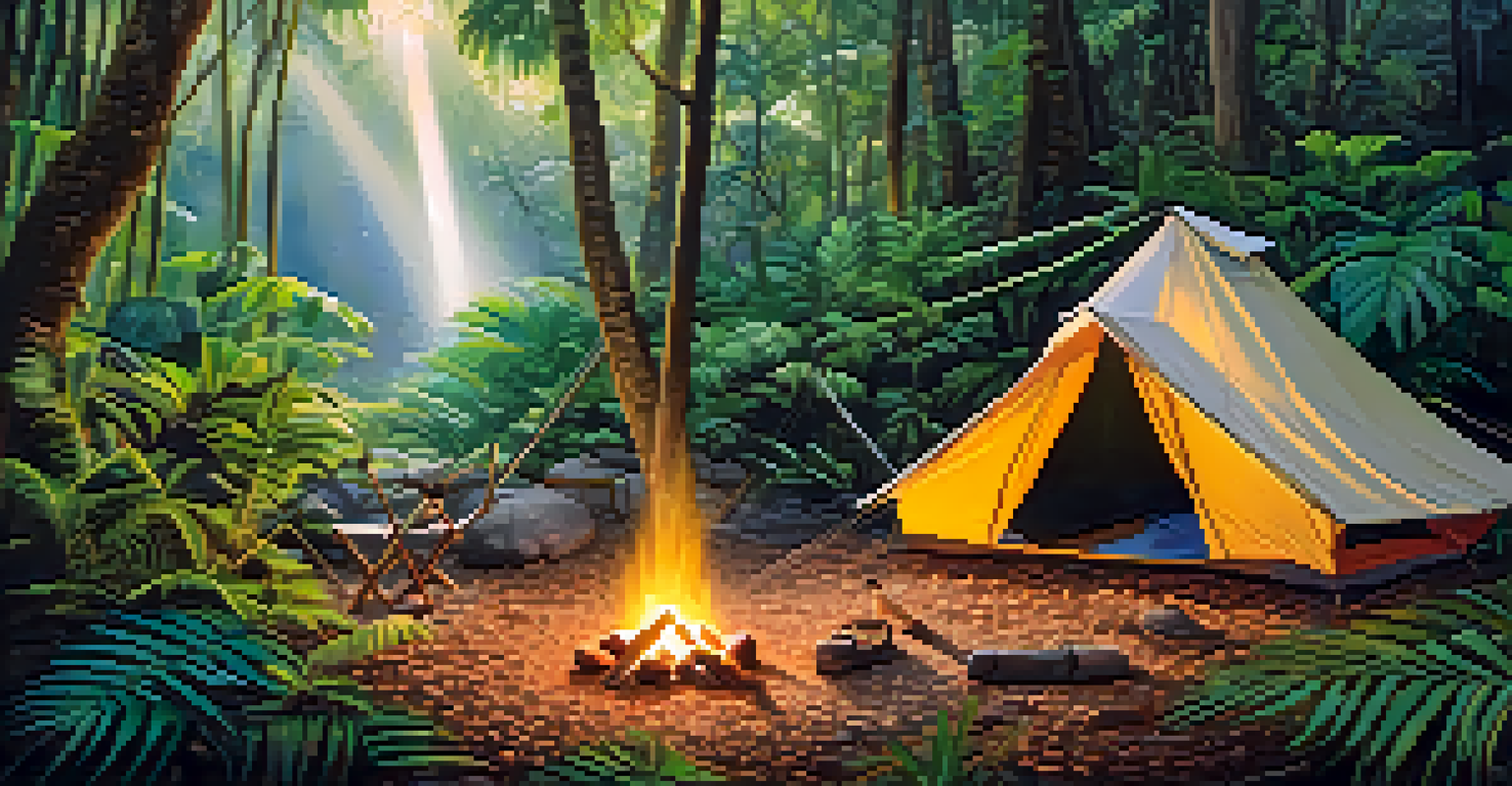 A campsite in Manu National Park with a tent, campfire, and dense rainforest illuminated by sunlight.