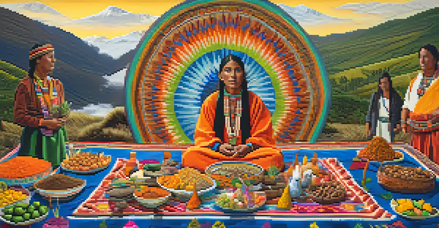 A close-up of a Pachamama offering ceremony with colorful traditional foods, flowers, and llama fat arranged on a woven cloth, set against the Andes mountains.