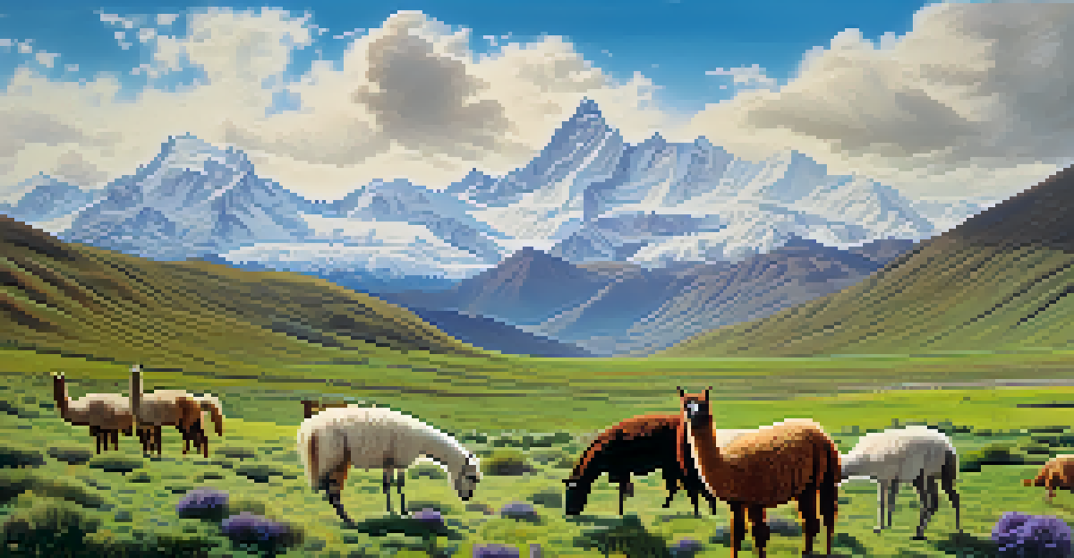 A scenic view of the Andes mountains featuring green hills, wildflowers, and grazing llamas under a blue sky.