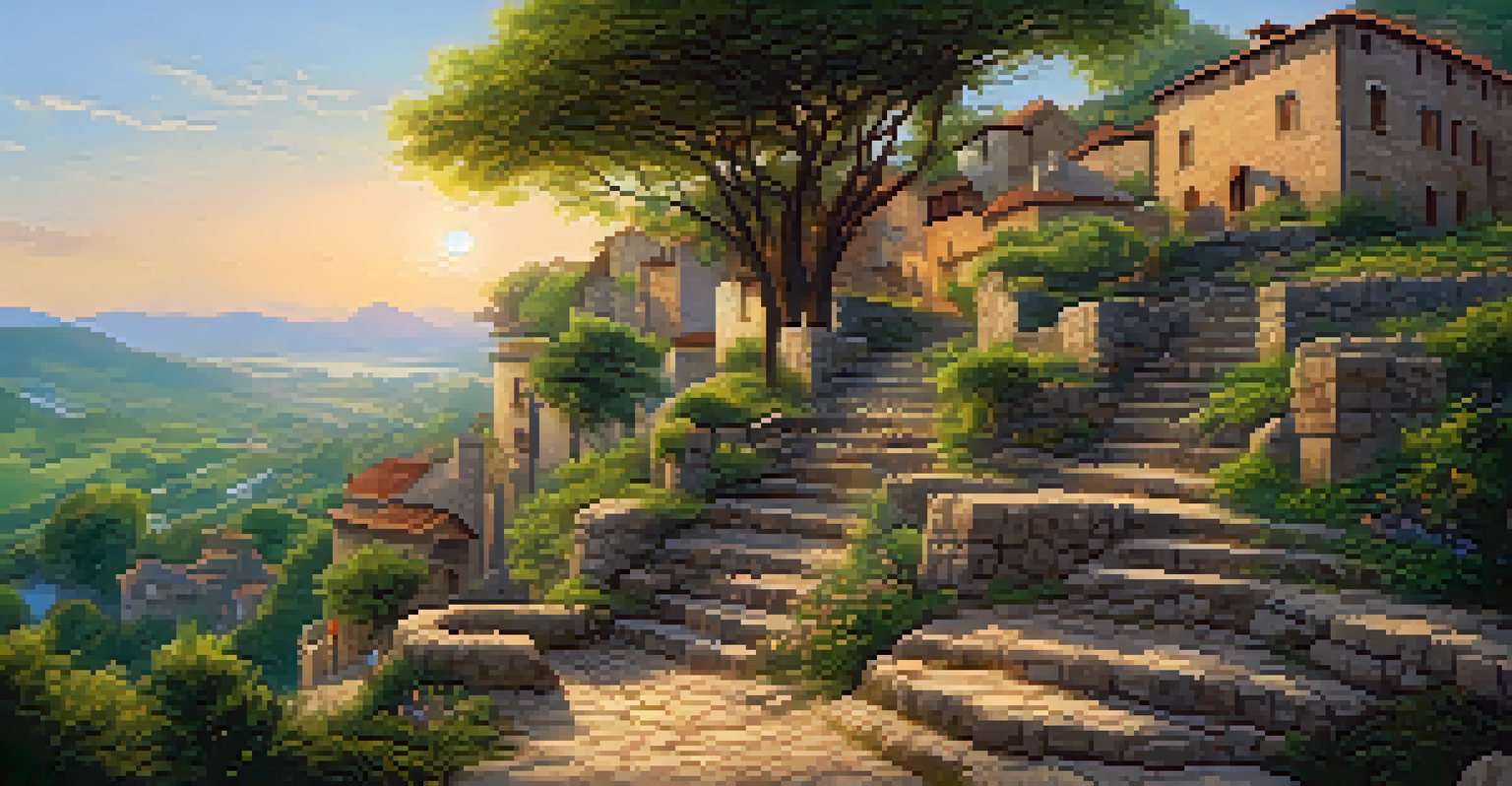 A picturesque village on a hill with ancient structures and tourists exploring during the golden hour.