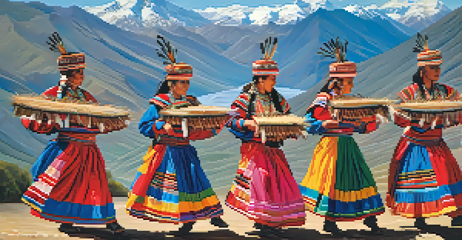 Group of dancers performing the Sikuri dance in traditional Andean attire, with panpipes and mountainous scenery in the background.