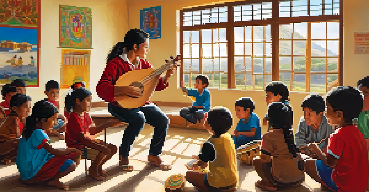 A volunteer teaching children to play a traditional Peruvian instrument in a sunlit classroom filled with cultural educational materials.