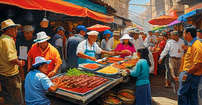 A lively Peruvian street food market with a vendor selling anticuchos, skewered beef heart, surrounded by colorful condiments and happy customers.